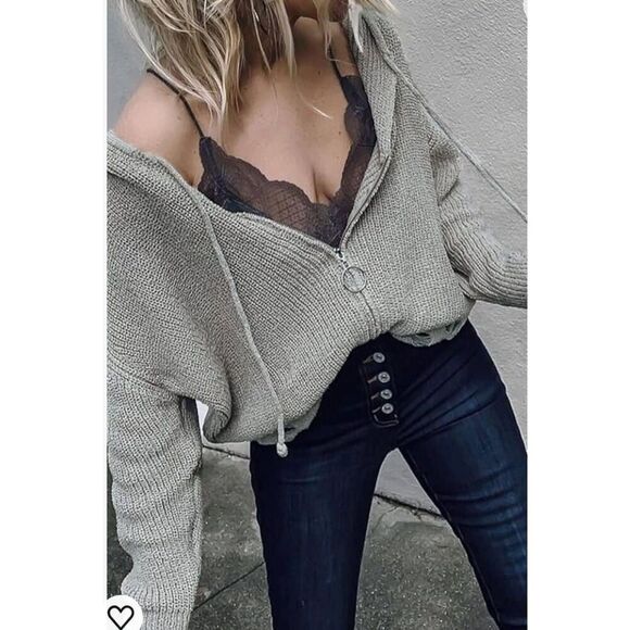 Knit Hoodie Zipper Open Front Cardigan Ripped Long Sleeve Distressed Sweater Hoo - Picture 2 of 10